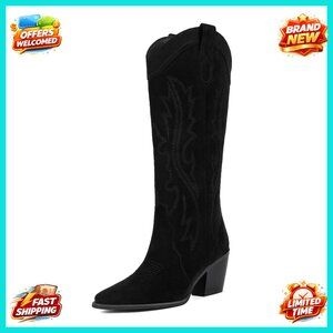 Suede Knee High Cowgirl Boots Pointed Toe Block Heel Pull On Western